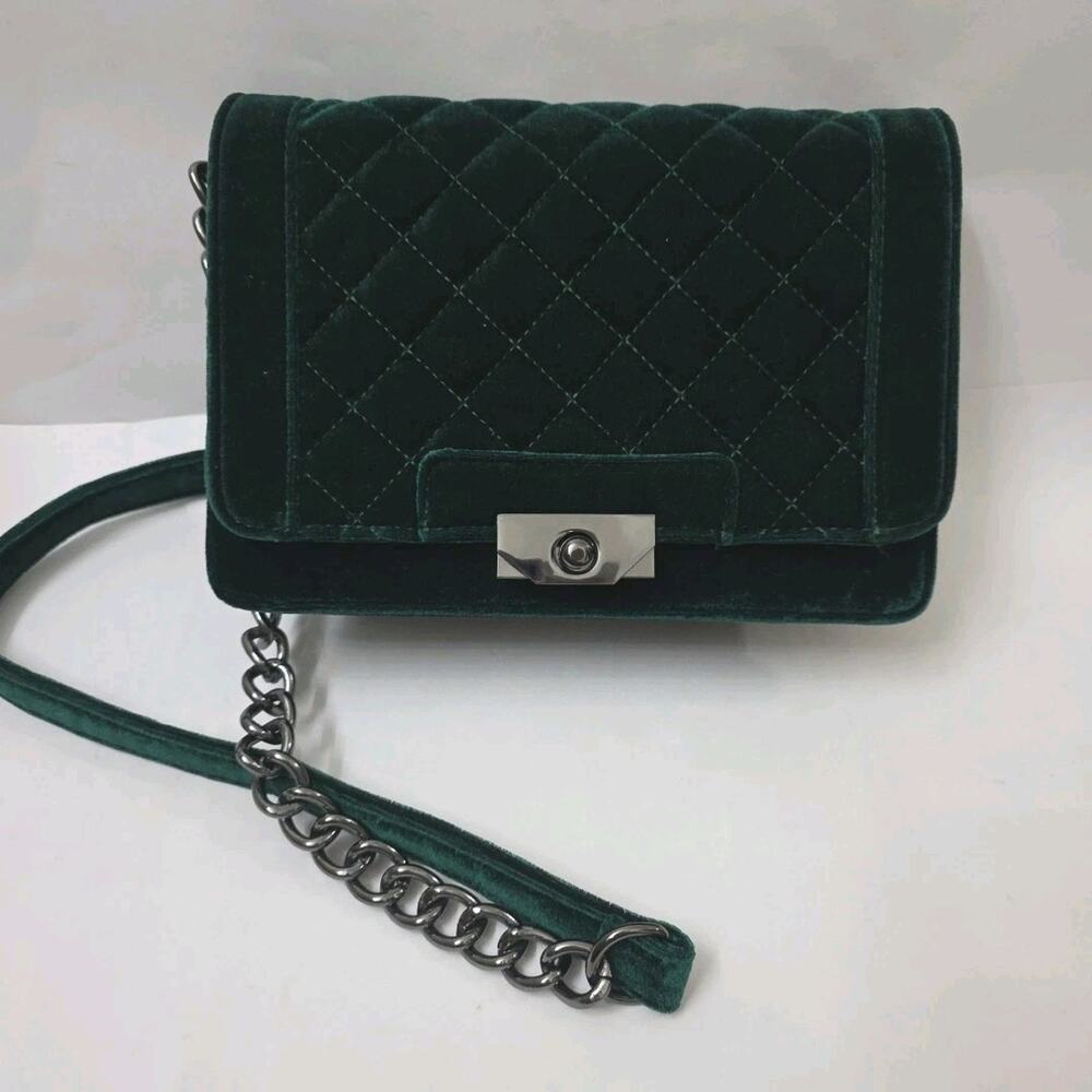 Dark Green Quilted Velvet Crossbody Bag Push Lock Chain Strap Shoulder Purse